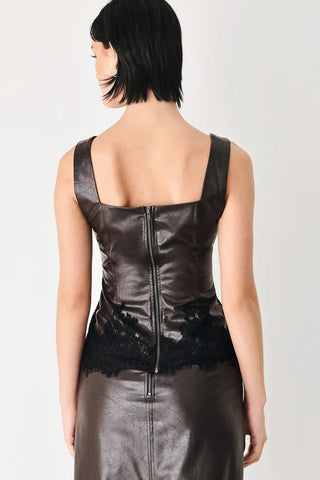 Dark brown faux leather sleeveless corset top with black lace trim hem detail and back zipper closure.