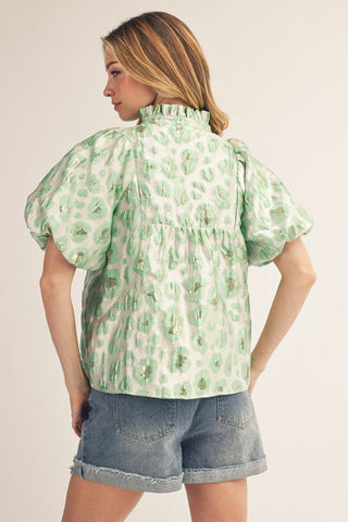 Short puff sleeves floral jacquard babydoll top with ruffled neckline