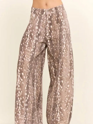 Taupe and white fawn-spot printed wide-leg corduroy pants with button closure and straight silhouette.