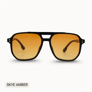 Oversized aviator sunglasses with black frames and gradient amber lenses, double bridge design.