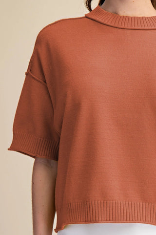 Rust orange knit sweater with elbow-length sleeves, mock neck, ribbed cuffs, and seam detail.