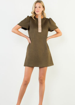 Olive green short sleeve suede mini dress with beige button placket and puff sleeves.