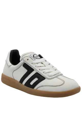White leather low-top sneaker with black stripe detailing, gum rubber sole, and lace-up closure.