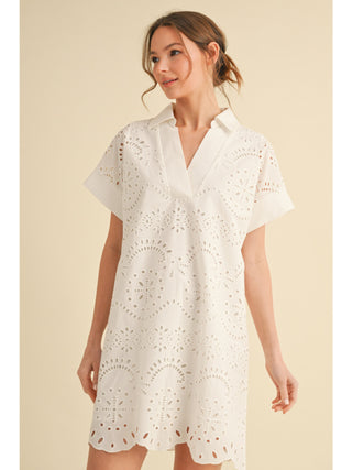 off white lace dress, open collared neck