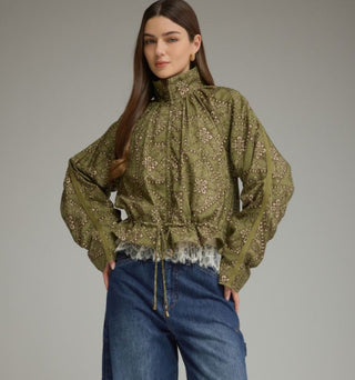 Olive green paisley print long sleeve jacket with drawstring waist and lace hem detail.