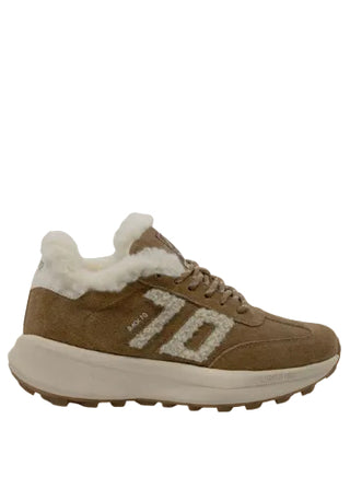 Tan suede sneakers with white fur lining, "70" logo detail, and chunky white sole.