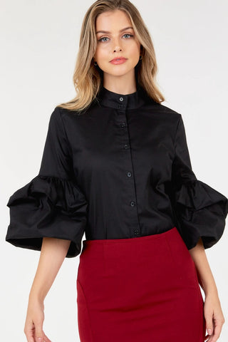 PUFF SLEEVE POPLIN BLOUSE BLACK