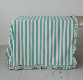 Woven Cotton Striped Tablecloth w/ Ruffle & Ric Rac Trim, Green, Pink & Red