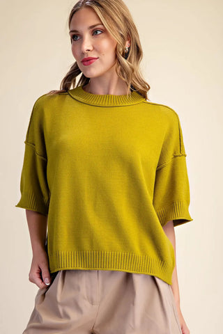 Chartreuse green relaxed-fit crew-neck sweater with elbow-length sleeves and ribbed trim details.