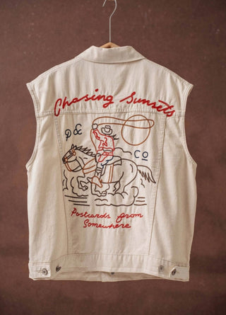 Western Sunset Embroidered Denim Vest