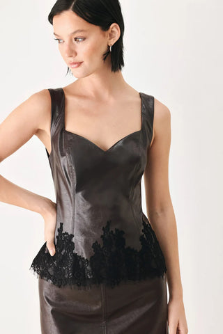 Black faux leather sweetheart corset top with black floral lace trim detail at hemline, sleeveless.