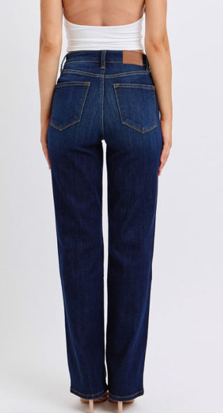 Straight dark wash frayed hem jeans