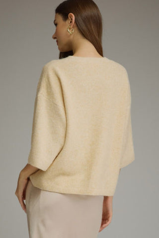 Cream knit sweater with ¾ sleeves, relaxed boxy fit, round neck, and ribbed trim, worn with beige skirt.