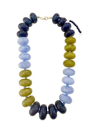 Chunky beaded necklace featuring alternating navy, light blue, and olive green oversized rondelle beads with gold clasp.