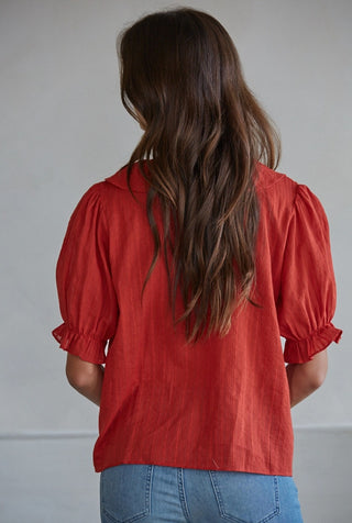 Woven Cotton Buttondown V-Neck Short Sleeve Top