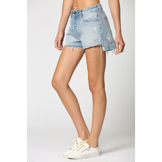 Light Wash Step Hem Mom Shorts