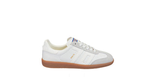 White leather low-top sneaker with gum sole, three-stripe side panels, and colorful heel tab detail.