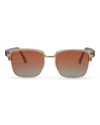 Square polarized sunglasses with translucent sand acetate top frame, gold metal lower rim, and gradient brown-gray lenses.