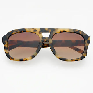 Oversized aviator sunglasses with tortoiseshell acetate frame in amber and black, featuring brown gradient lenses.