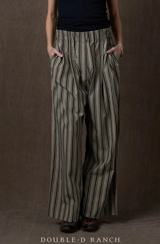Wide-leg striped trousers in olive, black, and tan vertical stripes with front pleats and side pockets.