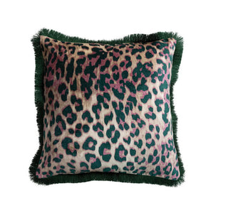 20" Square Cotton Velvet Pillow with Leopard Print Pattern & Tufted Fringe