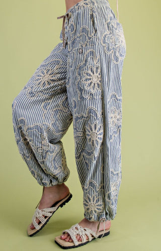Embroidery Striped Woven Pants