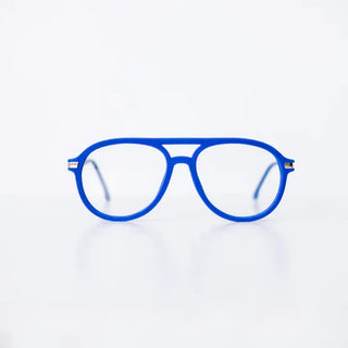 Blue aviator-style reading glasses with bold cobalt blue frames and clear lenses on white background.