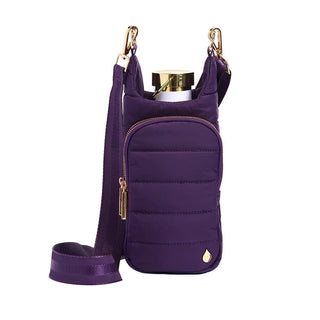 Purple quilted water bottle crossbody bag with gold hardware, zipper pocket, and adjustable shoulder strap.