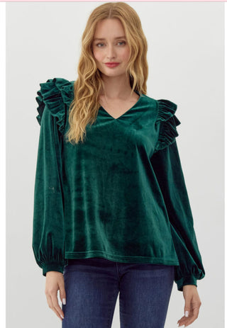 Velvet top V-neck, ruffly  shoulder trim, bubble sleeve