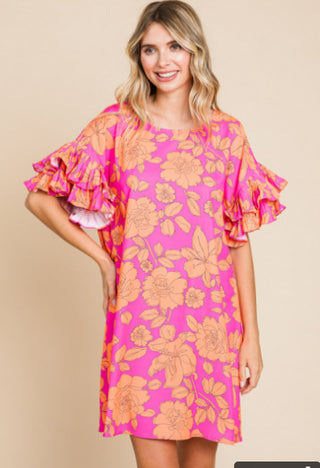 Bright Straight Dress with Flower Detail & Ruffle Slv