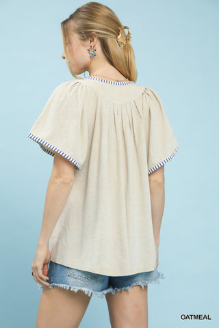 Contrast Trim Flutter Sleeve Babydoll Top
