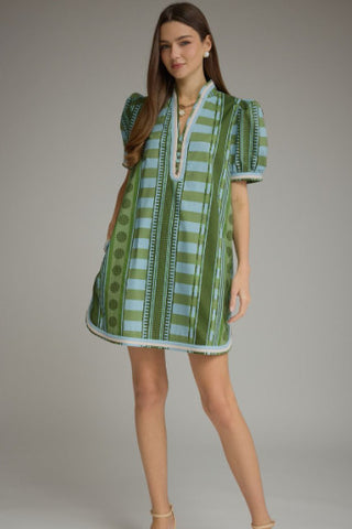 Green and blue striped printed mini dress with short puff sleeves, V-neckline, and frayed hem.