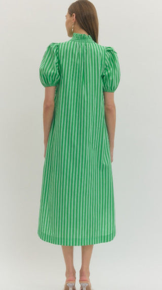Stripe print puff sleeve midi dress