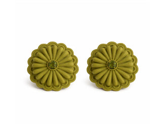 Olive green flower-shaped concho stud earrings with ribbed petals and small green crystal centers.