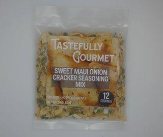 Clear plastic bag of Tastefully Gourmet Sweet Maui Onion Cracker Seasoning Mix, 12 servings, 0.85oz.