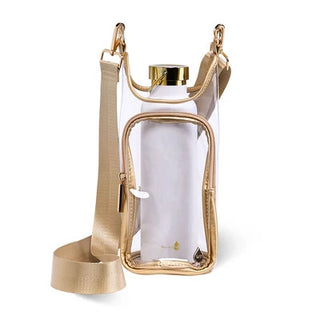Clear stadium-compliant water bottle bag with gold trim, crossbody strap, and matching RFID pouch insert.