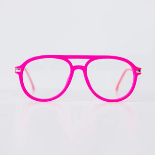 Neon pink aviator-style reading glasses with clear lenses and silver metal hinge accents.