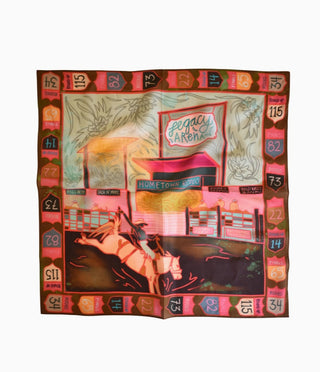 Pink and brown silk western scarf featuring Legacy Arena rodeo scene with decorative numbered border motifs.