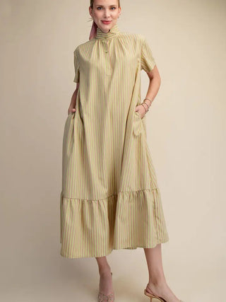 Light yellow striped midi dress with stand collar, short sleeves, pockets, and ruffled hem tier.
