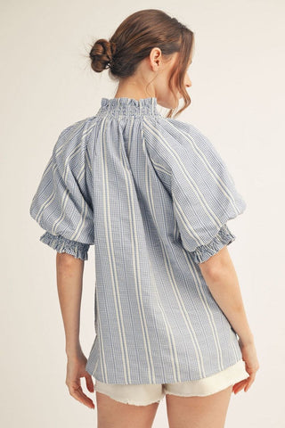 Short puff sleeves stripe top with ruffle detail