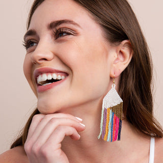 Gold White With Bright Stripes Fringe Earring