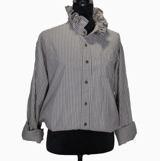 Grey and white striped long sleeve button-up blouse with ruffled collar and cuffed sleeves.