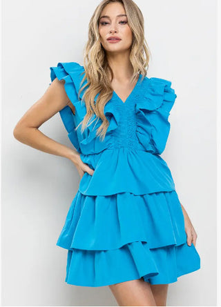 Poplin Solid V-Neck Ruffled Tiered Mini Dress
