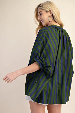Oversized v-neck striped top in olive green and navy blue with three-quarter sleeves and relaxed fit.