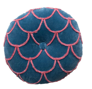 Round Cotton Pillow w/ Tufted Scallop Pattern- Navy Blue & Pink