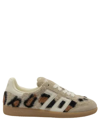 Back 70 Mohair sneaker in camel butter with leopard print panels, white stripes, and gum sole.