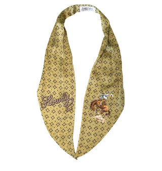 Gold floral print bandana with embroidered "Howdy" script and cowboy riding bucking bronco patch.