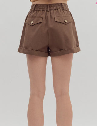 Solid high waist pleated rolled cuff hem pintuck shorts