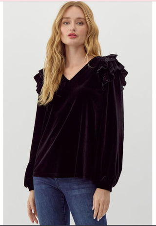 Velvet top V-neck, ruffly  shoulder trim, bubble sleeve