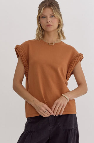 Round neck cap sleeve top featuring braided detail at cuff